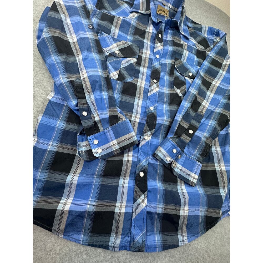Coevals Club Mens Western Pearl Snap Shirt Blue Black Plaid Roll Tab Sleeve M - Picture 7 of 7